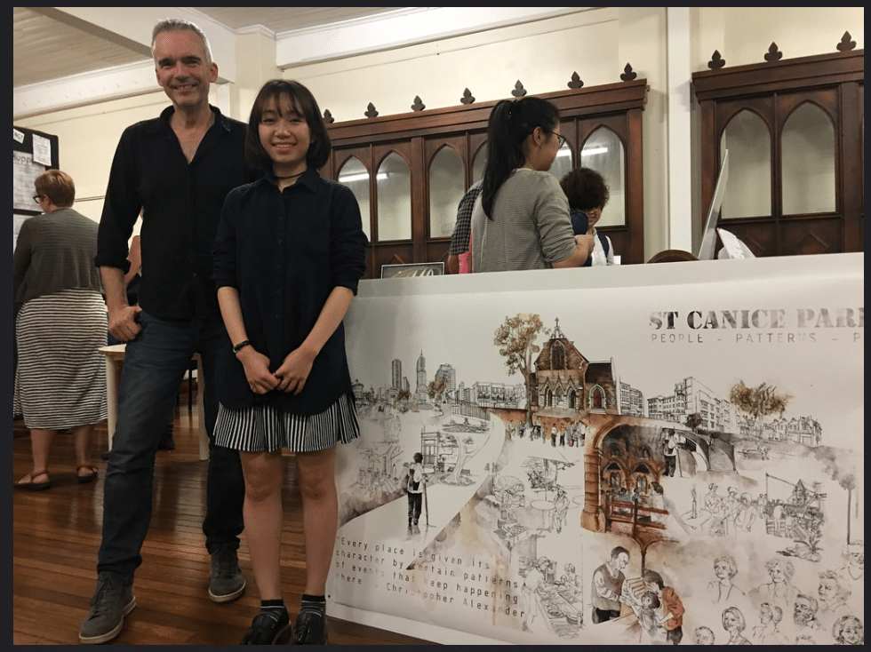 Professor David Sanderson with a Master of Architecture student exhibiting her work at St Canice Catholic Church. Image: UNSW Built Environment - See more at: https://www.be.unsw.edu.au/content/unsw-architecture-students-unveil-st-canices-renewal#sthash.D0Di7yPE.dpuf