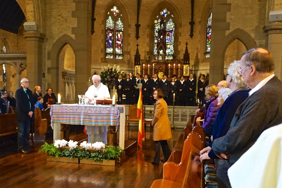 Fr Phil Crotty SJ celebrates the special sung Mass in honour of the Feast Day of the founder of the Jesuit order, St Ignatius of Loyola. Students from St Vincent's College Potts Point joined in the sung Mass. The East Timorese 'tais' handwoven cloth on the altar is a gift from women in our sister parish in Railaco Mission acknowledging St Canice' support and solidarity over more than a decade.
